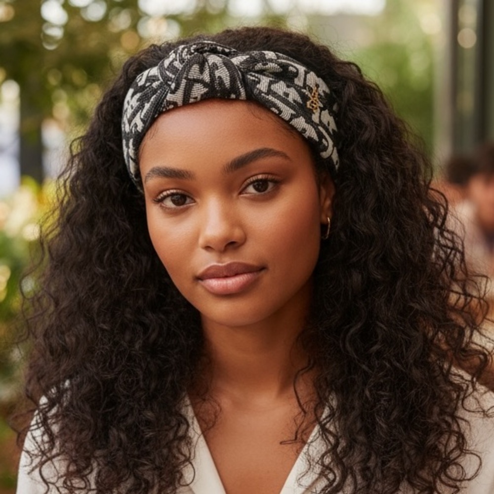 Luxury headband wide padded knotted TOP black white embroidered pattern